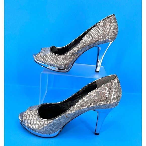 NWT NINE WEST METALLIC SILVER HEEL SEQUIN OPEN TOE HEELS - 7 - Picture 4 of 16